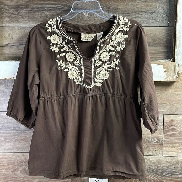 LIFE STYLE Vintage Boho Embroidered Floral Peasant Style Brown Cotton Top Medium - Picture 1 of 7